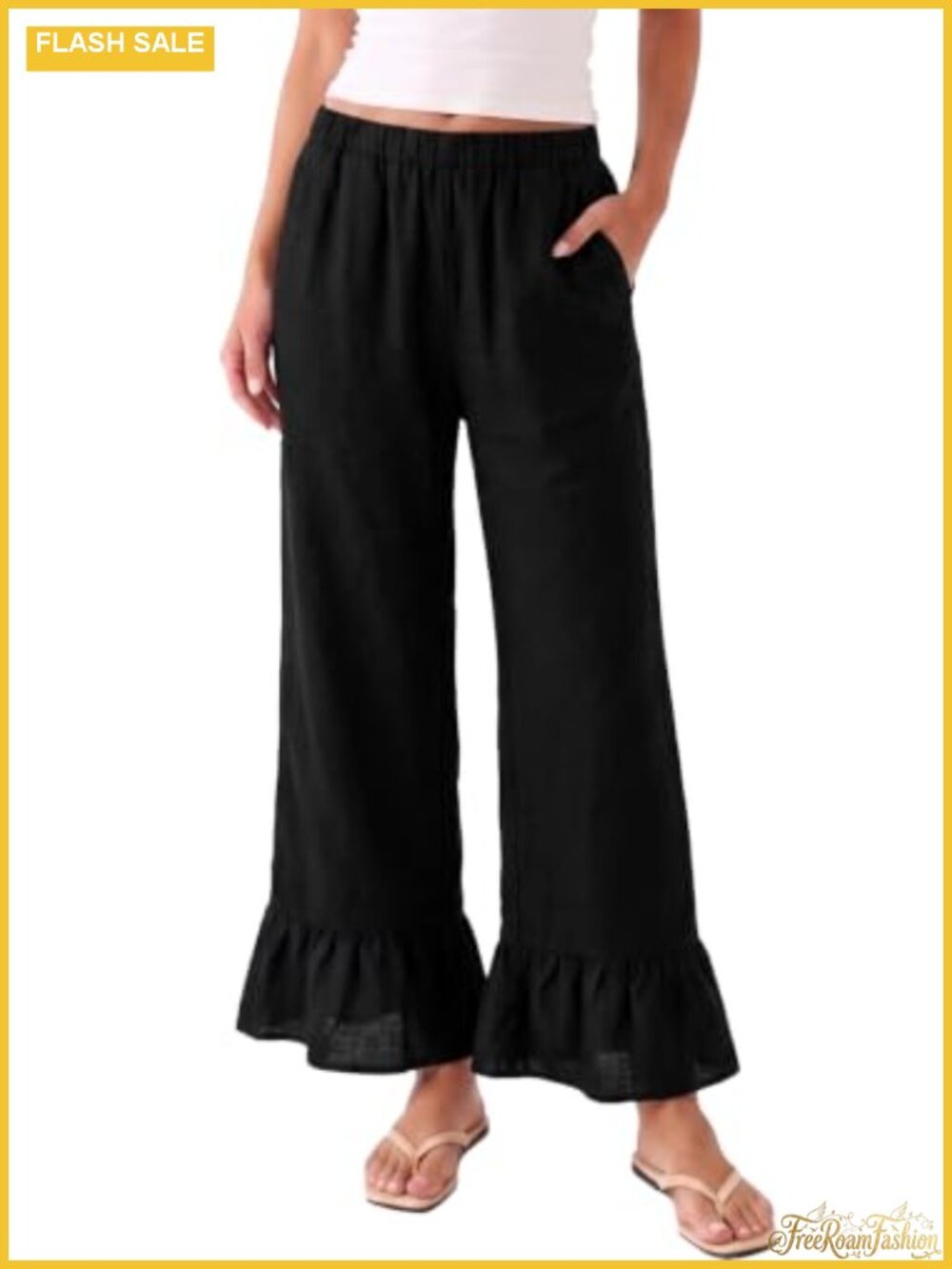 Ruffle Hem Wide Leg Palazzo Pants High Waist Flowy Lightweight